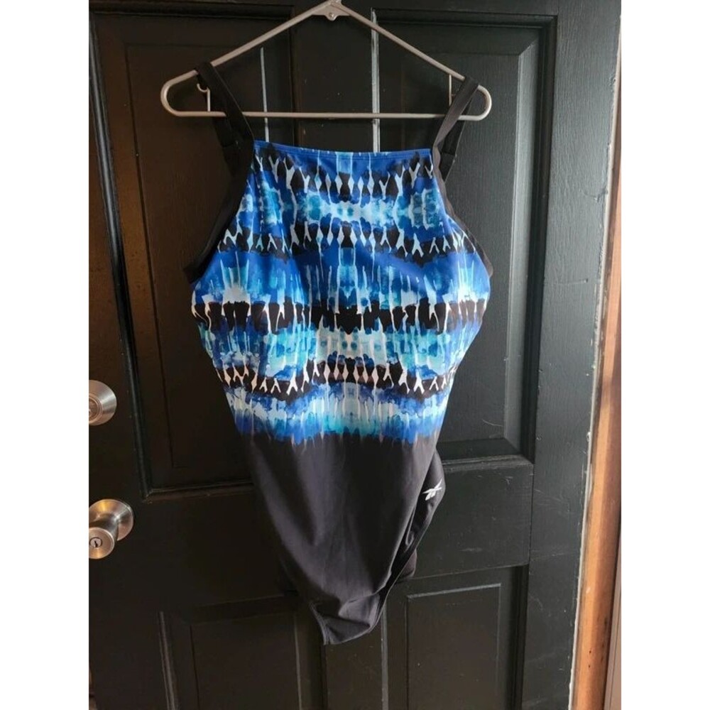 Reebok One Piece Swimsuit Size 18 Blue Black Tie Dye High Neck Athletic Swimwear
